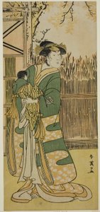 Skådespelaren Nakayama Tomisaburo I som Lady Tokiwa (Tokiwa Gozen) () i pjäsen Kimmenuki Genke no Kakutsuba (), uppförd på Ichimura-teatern () i den elfte månaden 1791 () av Katsukawa Shun