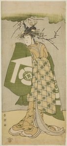 Skådespelaren Osagawa Tsuneyo II som Oiso no Tora i pjäsen Gohiiki no Hana Aikyo Soga, uppförd på Kawarazaki Theater under den första månaden 1794 av Katsukawa Shun