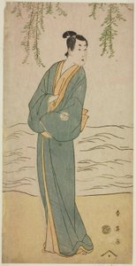 Skådespelaren Segawa Kikunojo III som Chokichi i pjäsen Suda no Haru Geisha Katagi, uppförd på Kiri-teatern under den första månaden 1796 av Katsukawa Shun