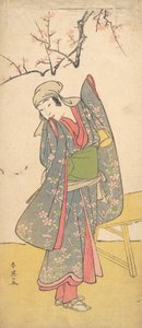 Den fjärde Iwai Hanshiro som ung flicka som står vid en träbänk, ca. 1790 av Katsukawa Shun
