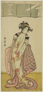 Der Schauspieler Segawa Kikunojo III als Shinanoya Ohan im Stück Kabuki no Hana Bandai Soga, aufgeführt im Ichimura Theater im dritten Monat, ca. 1786 von Katsukawa Shunjō