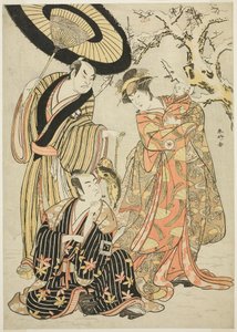 Skådespelarna Iwai Hanshirô IV, Ichikawa Monnosuke II och Sakata Hangorô III i "Snowflakes: Att höja standarden på Izu" ("Mutsu no Hana Izu no Hataage") av Katsukawa Shunkо̄