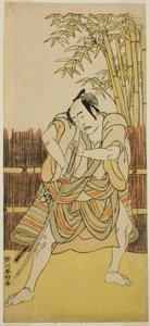 Skådespelaren Bando Mitsugoro I som Ogata no Saburo förklädd till Yoroya Takiemon i pjäsen Mure Takamatsu Yuki no Shirahata, uppförd på Ichimura-teatern i den elfte månaden 1780