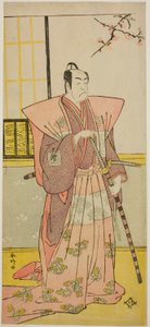 Skådespelaren Ichikawa Omezo I som Koyurugi Motomenosuke () i pjäsen Haru no Nishiki Date-zome Soga (), uppförd på Nakamura Theater () under den första månaden 1790 () av Katsukawa Shunkо̄