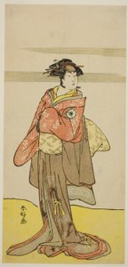 Skådespelaren Iwai Hanshiro IV som Hitomaru förklädd till geishan Oshun i pjäsen Edo no Hana Mimasu Soga, uppförd på Nakamura-teatern under tredje månaden 1783 av Katsukawa Shunkо̄