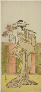 Skådespelaren Iwai Hanshiro IV som Umegae förklädd till den kvinnliga spåkvinnan Omatsu i pjäsen Mukashi Otoko Yuki no Hinagata, uppförd på Ichimura-teatern i den elfte månaden 1781 av Katsukawa Shunkо̄