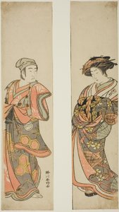 Skådespelaren Nakamura Tomijuro I som kurtisan (t.h.) och Sawamura Sojuro III som Oyamada Taro () förklädd till Tarosaku från byn Oyamada (t.v.) i pjäsen "Azuma no Mori Sakae Kusunoki", uppförd på Ichimura Theater i den elfte månaden 1779