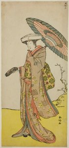 Skådespelaren Nakayama Kojuro VI som Chinzei Hachiro Tametomo förklädd till Lady Hotoke (Hotoke Gozen) i pjäsen Yukimotsu Take Furisode Genji, uppförd på Nakamura-teatern i den elfte månaden 1785