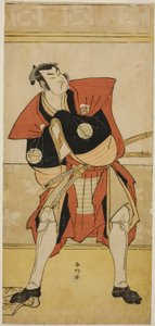 Skådespelaren Sakata Hangoro III som Omi no Kotoda i pjäsen Haru no Nishiki Date-zome Soga, uppförd på Nakamura-teatern under den andra månaden 1790 av Katsukawa Shunkо̄