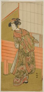 Skådespelaren Segawa Kikunojo III som kurtisanen Takamura från Onoteruya () i pjäsen Sugata no Hana Yuki no Kuromushi (), uppförd på Ichimura Theater () i den elfte månaden 1776 ()