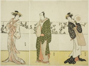 Skådespelarna Osagawa Tsuneyo II (höger), Ichikawa Monnosuke II (mitten) och Segawa Kikunojo III (vänster), möjligen som Misao Gozen, Matsuya Soshichi och hovdamen Kojoro från Hakata, i pjäsen Chiyo no Hajime Ondo no Seto (Evighetens början: The Ondo av Katsukawa Shunkо̄