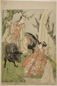 Skådespelarna Segawa Kikunojo III som prinsessan Hatsune (Hatsune Hime) (till höger), och Ichikawa Monnosuke II som Miyukinosuke Yukinari, i pjäsen Otokoyama Furisode Genji, uppförd på Kiri-teatern i den elfte månaden 1785 av Katsukawa Shunkо̄