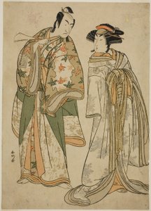 Skådespelarna Segawa Kikunojo III som kurtisanen Sumizome (höger) och Ichikawa Monnosuke II som Goinosuke Yoshimine (vänster), i pjäsen Juni-hitoe Komachi-zakura, uppförd på Kiri-teatern under den elfte månaden 1784 av Katsukawa Shunkо̄