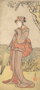 Iwai Kiyotaro som en kvinna som står under ett plommonträd, ca. 1788.