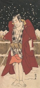 Onoe Matsusuke som man beväpnad med ett svärd, stående i snö framför ett staket, 1786.