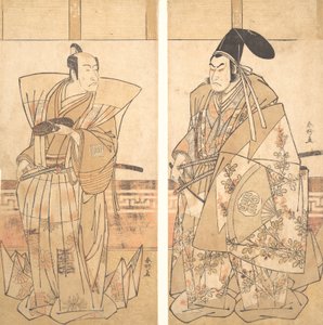 Två skådespelare klädda i ceremoniella kostymer, ca. 1787.