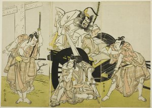 Skådespelarna Nakajima Mihoemon II som Fujiwara no Shihei, Ichikawa Ebizô III som Matsuo-maru, Ichikawa Yaozô II som Sakura-maru och Ichimura Uzaemon IX som Umeo-maru i "Sugawara