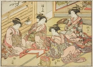 Courtesans of the Matsubaya, från boken "Mirror of Beautiful Women of the Pleasure Quarters (Seiro bijin awase sugata kagami)," vol. 1 av Katsukawa Shunsho