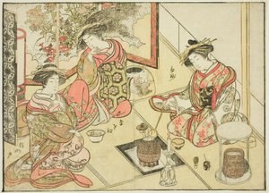 Courtesans of the Okaneya, från boken "Mirror of Beautiful Women of the Pleasure Quarters (Seiro bijin awase sugata kagami)," vol. 2 av Katsukawa Shunsho
