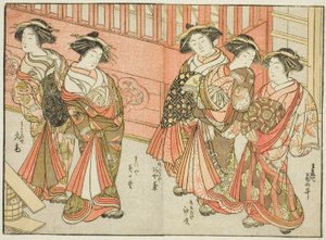 Fem kurtisaner från olika hus, från boken "Mirror of Beautiful Women of the Pleasure Quarters (Seiro bijin awase sugata kagami)," vol. 3 av Katsukawa Shunsho