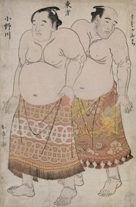 Fullängdsporträtt av brottare från den östliga gruppen, föreställande Uzugafuchi och Onagawa (trätryck i färg) av Katsukawa Shunsho