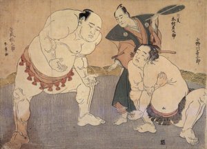 Onagawa Kisaburo och Tanikaze Kajinosuke framförde Shiriki i Dohyo, domslut av Kimura Shonosuke av Katsukawa Shunsho