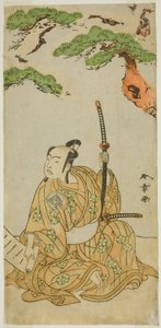 Skådespelaren Arashi Sangoro II som Sakura-maru i pjäsen Sugawara Denju Tenarai Kagami, framförd på Ichimura Theatre under den första månaden, 1772 av Katsukawa Shunsho