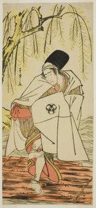 Skådespelaren Bando Mitsugoro I som shintoprästen Goinosuke förklädd till en vit hägers ande, i pjäsen Sakikaese Yuki no Miyoshino, framförd på Morita-teatern under elfte månaden, 1781 av Katsukawa Shunsho
