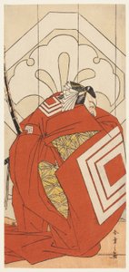 Skådespelaren Ichikawa Danjuro V i en "Shibaraku"-roll, troligen som Kato Hyoeisa Shigemitsu, i den tredje scenen av pjäsen Masakado Kammuri no Hatsuyuki (Den första snön på Taira no Masakados huvudbonad), uppförd på Nakamura-teatern under den elfte av Katsukawa Shunsho