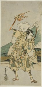 Skådespelaren Ichikawa Monnosuke II som Soga no Goro Tokimune i pjäsen Haru wa Soga Akebono-zoshi (?), framförd på Nakamura Theatre (?) under den första månaden, 1772 (?) av Katsukawa Shunsho