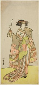 Skådespelaren Ichikawa Monnosuke II som kurtisan Kewaizaka no Shosho i pjäsen Sono Kyodai Fuji no Sugatami, framförd på Morita Theatre under den första månaden, 1776 av Katsukawa Shunsho