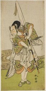 Skådespelaren Nakamura Juzo II som Asahara Hachiro förklädd till en furstlig familjs tjänare i pjäsen Onna Aruji Hatsuyuki no Sekai, framförd på Morita-teatern under elfte månaden, 1773 av Katsukawa Shunsho
