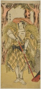 Skådespelaren Nakamura Nakazo I som Hakamadare Yasusuke eller Watanabe no Tsuna (?) i pjäsen Shintenno Tonoi no Kisewata (?), framförd på Nakamura Theatre (?) under elfte månaden, 1781 (?) av Katsukawa Shunsho