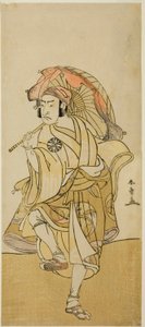 Skådespelaren Nakamura Nakazo I som Onmaya Kisanda förklädd till lejondansaren Kakubei i pjäsen Chigo Torii Tobiiri Kitsune, framförd på Ichimura-teatern under elfte månaden, 1777 av Katsukawa Shunsho