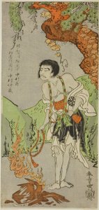 Skådespelaren Nakamura Nakazo I som munk, Raigo Ajari, i pjäsen Nue no Mori Ichiyo no Mato (Forest of the Nue Monster: Target of the Eleventh Month), framförd på Nakamura Theatre från den första dagen i den elfte månaden, 1770 av Katsukawa Shunsho