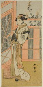 Skådespelaren Nakamura Noshio I som Misao förklädd till en Komuso i pjäsen Kosode-gura no Tekubari, framförd på Morita-teatern under andra månaden, 1772 (?) av Katsukawa Shunsho