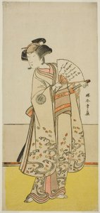 Skådespelaren Nakamura Noshio I som Oiso no Tora (?) i pjäsen Shida Yuzuriha Horai Soga (?), framförd på Morita Theatre (?) under den första månaden, 1775 (?) av Katsukawa Shunsho