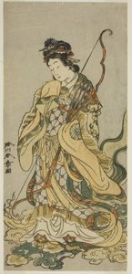 Skådespelaren Nakamura Noshio I som gudinnorna Benzaiten från Enoshima i pjäsen Onno Aruji Hatsuyuki no Sekai, uppförd på Morita Theater under den elfte månaden, ca 1773 (färgtryck i trä; hosoban) av Katsukawa Shunsho