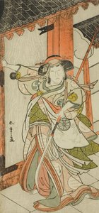 Skådespelaren Nakamura Tomijuro I som Hangaku Gozen Breaking Down the Gate i pjäsen Wada-gassen Onna Maizuru (The Wada Conflict: A Woman