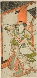 Skådespelaren Nakamura Tomijuro I som Hangaku Gozen bryter ner porten i pjäsen Wada-gassen Onna Maizuru (Wada-konflikten: En kvinnas "Maizuru"), uppförd på Nakamura-teatern från den tjugofemte dagen i den sjunde månaden 1777