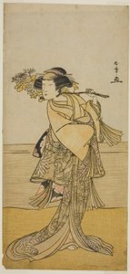 Skådespelaren Nakamura Tomijuro I som en rävhona från berget Ubagadake i pjäsen Chigo Torii Tobiiri Kitsune, framförd på Ichimura-teatern under elfte månaden, 1777 av Katsukawa Shunsho