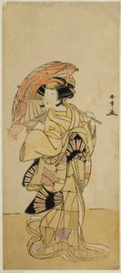 Skådespelaren Nakamura Tomijuro I som en rävhona från berget Ubagadake i pjäsen Chigo Torii Tobiiri Kitsune, framförd på Ichimura-teatern under elfte månaden, 1777 av Katsukawa Shunsho