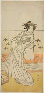Skådespelaren Nakamura Tomijuro I som kurtisanen Toyama i pjäsen Koi Nyobo Somewake Tazuna, framförd på Nakamura Theatre under den nionde månaden, 1777 av Katsukawa Shunsho