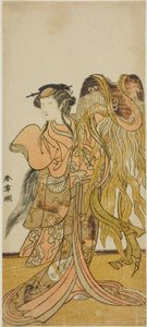 Skådespelaren Nakamura Tomijuro I som kurtisanen Toyama från Tsuruga i pjäsen Keisei Tsuki no Miyako, framförd på Morita-teatern den åttonde månaden, 1775 av Katsukawa Shunsho