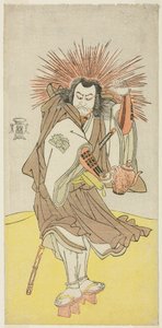 Skådespelaren Nakayama Kojuro VI som Osada no Taro Kagemune (i verkligheten Hatcho Tsubute no Kiheiji), i skepnad av en lamptändare vid Gion Shrine, i akt tre från del ett av pjäsen Yukimotsu Take Furisode Genji (Snötäckt bambu: Genji i långa ärmar),