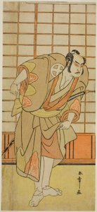 Skådespelaren Otani Hiroji III som Hata no Daizen Taketora förklädd till Shikishima Wakahei i pjäsen Juni-hitoe Komachi-zakura, uppförd på Kiri-teatern i den elfte månaden 1784 av Katsukawa Shunsho