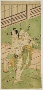 Skådespelaren Otani Hiroji III som en vit räv förklädd till Ukishima Daihachi i pjäsen Shinasadame Soma no Mombi, framförd på Ichimura Theatre i den sjunde månaden, 1770 av Katsukawa Shunsho