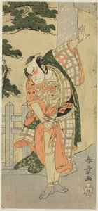 Skådespelaren Otani Hiroji III i en scenpose (Mie) framför en Shrine Gateway av Katsukawa Shunsho
