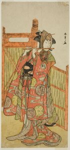 Skådespelaren Segawa Kikunojo III som Kojoro-Gitsune förklädd som blomsterhandlaren Okiku i Play Mure Takamatsu Yuki no Shirahata, uppträdde på Ichimura-teatern i den elfte månaden, 1780 av Katsukawa Shunsho
