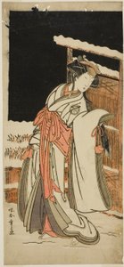 Skådespelaren Segawa Kikunojo III som Lady Shizuka (Shizkua Gozen) förklädd till Tamazusa i pjäsen Chigo Torii Tobiiri Kitsune, framförd på Ichimura-teatern under den elfte månaden, 1777 av Katsukawa Shunsho